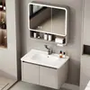 Gabinete de banheiro integrado com armário para pia, pia de cerâmica e design de parede para uma configuração completa de banheiro