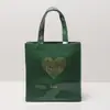 Nova Bolsa de Mão em Couro Sintético PVC com Espelho Zíper Impermeável Verde Escuro Estampa de Coração Grande Capacidade