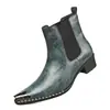 Botines Chelsea Retro de Cuero Agrietado para Hombre con Puntera Metálica, Punta Cuadrada, Tacón Grueso, Estilo Británico, Botines de Tobillo sin Cordones para Hombre