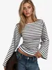 Camiseta de manga ancha ajustada a rayas con bloques de color y cuello redondo, versátil, para mujer, nueva de otoño, transfronteriza europea y americana, top de manga larga, venta al por mayor
