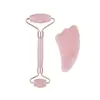 Massageador Facial de Jade Natural, Rolo de Cristal Rosa de Cabeça Dupla, Conjunto de Placa Raspadora para Dedos em Formato de Coração, Cristal Rosa