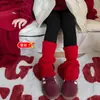 Leggings Grossos Forrados com Fleece para Meninas para Outono e Inverno, Meias Slouch Bebê Costuradas, Meias-Calças Vermelhas Brilhantes de Ano Novo para Crianças