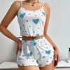 Verano Nuevo Europeo y Americano 2024 Tejido de Canalé Diseño de Estampado de Corazón Dulce Short con Tirantes Pijama de Deseo Puro para Mujer