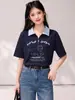 Nueva camisa de verano azul marino de manga corta para mujer, top estampado muy elegante y atractivo