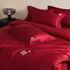 Conjunto de Casamento de Quatro Peças em Algodão de Fibra Longa 100S, Conjunto Festivo de Casamento 100% Algodão em Vermelho Brilhante com Lençol de Baixo Bordado, Conjunto de Casamento 100% Algodão
