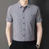 Camisa de Linho de Algodão Manga Curta Masculina Verão Casual de Negócios Camisa Estampada Xadrez Fina Bolso Real Camisa para Homens de Meia-Idade