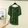 Blusa de Algodão e Seda de Manga Curta para Mulheres, Nova Estampa Floral, Camiseta Solta com Mangas Morcego Off-Shoulder, Tamanho Plus