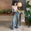 Jeans anchos de pierna ancha, color naranja juvenil, con estampado de bambú, lavado, borde crudo, para mujer, corte holgado, adelgazantes, únicos, elegantes, versátiles, pantalones de largo hasta el suelo