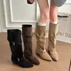 Botas Occidentales 2026 Nuevas de Media Pantorrilla Punta Fina Estilo Coreano Tacón Grueso Botas Arrugadas Mujer Hebilla de Cinturón para Mujer Gamuza Botas de Otoño e Invierno Retro