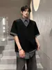 Camiseta Masculina de Verão Patchwork Falsa de Duas Peças Manga Curta Gola Camisa Senso de Design Nicho High Street Americana Manga de Cinco Pontos