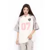 Camiseta de Manga Corta con Estampado de Retazos Raglán Estilo Retro Americano para Mujer, Top Casual de Verano Estilo Deportivo, Jersey Holgado con Cuello en V Moderno