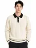 Suéter Polo de Punto para Hombre Estilo Old Money Bloque de Color en el Cuello Textura de Canalé Ropa Exterior Transfronteriza Holgada para Hombre Top de Manga Larga