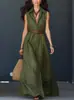 Em Estoque 2026 Transfronteiriço Feminino Estilo Amazon Vestido Longo para Trabalho, Férias com Cinto, Gola Reversível, Ajuste na Cintura Estilo Camisa