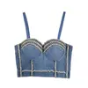 Corsé de Mezclilla Estilo Europeo y Americano con Tirantes de Perlas, No Necesita Ropa Interior, Top Tubo Sexy para Actuación en Escenario, Ropa Exterior con Brillantes Pedrería