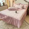 Saia de Cama Acolchoada de Algodão Lavável Estilo Princesa Peça Única Protetor de Colchão Outono/Inverno Lençol de Cama com Cobertura Total e Babado Conjunto de Três Peças