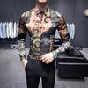 Stock de Cuatro Estaciones nuevo caballero británico coreano hombres delgado estampado camisa europea retro 1913C Verde-P55