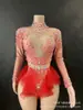 Mono Rosa Brillante de Malla Elástica Adelgazante con Pedrería para Danza de Rendimiento Escénico para Mujeres Transfronterizo