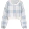 Suéter Corto de Punto a Cuadros para Mujer, Tejido de Otoño e Invierno, Top Holgado de Cuello Redondo, Estilo Coreano