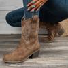 Botas de Equitação Estilo Novo Outono e Inverno 2024, Bico em V, Bordadas, de Calçar, Salto Grosso, Bico Fino, Cano Médio, Estilo Retrô, Botas de Cowboy Ocidentais
