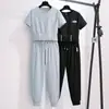 Conjunto Casual Deportivo de Manga Corta de Verano 2026 para Mujer, Conjunto de Dos Piezas con Top Holgado Corto Petite y Pantalones Cropped