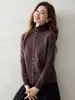 Estilo simples e versátil, gola semi-alta, cardigã de abotoamento simples para mulheres, modelagem que afina, de manga comprida, tricotado, caxemira, suéter de base, casaco de tricô