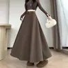 Saia de lã marrom estilo coreano da moda para mulheres, outono e inverno, cintura alta, drapeada, cobre o quadril, longa em A, saia ampla tipo guarda-chuva