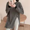 Camiseta de algodão puro de manga comprida para outono e inverno com gola listrada elástica, camiseta básica feminina de comprimento médio 2026