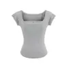 Top Sexy de Chica Caliente con Cuello Cuadrado, Mangas Cortas Ajustadas, Hilo de Encaje Empalmado, Cintura Delgada Ajustada, Camiseta