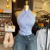 Moda Feminina Transfronteiriça Europeia e Americana Verão 2026 Novo Estilo Elegante de Alta Qualidade Decote Halter Listrado Laço Costas Abertas Top Regata
