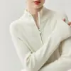 Cardigã de tricô de cashmere com gola alta Bai Cai Rong 2026, novo estilo outono/inverno, moletom com zíper duplo, com costura interlock, peça de outer wear