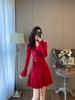Vestido Tejido Nuevo Rojo Estilo Francés, Lujo Accesible y Alta Gama, Look Moderno y Adelgazante para Personas Bajas, Cuello en V Falda Línea A
