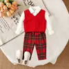 26 Conjunto de tres piezas para niños de primavera y otoño estilo Navidad: camisa, chaleco retorcido con cuello, pantalones largos de cuadros