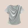 Diseño de Cuello en V Asimétrico, Estilo Único, Camiseta de Manga Corta con Hombro Normal para Mujer, Nuevo Modelo de Verano 2026, Top Plisado Adelgazante con un Toque de Lujo