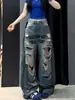 Jeans rasgados de estilo 'hot girl' retro americano con estampado de letras, pantalones de verano finos, holgados, versátiles y de longitud completa