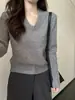 Suéter Básico de Punto con Cuello en V Estilo Coreano para Mujer, Temporada Otoño/Invierno, Ropa Interior o Exterior, Corte Adelgazante, Top de Punto de Manga Larga