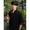 Camiseta Masculina de Verão de Manga Curta com Bloqueio de Cores, Meio Zíper, Gola Alta, Estilo Americano, Alta Qualidade, Direto da Fábrica