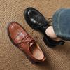 Sapatos Pequenos de Couro com Cadarço Básicos Versáteis de Couro Bovino Lavado de Primeira Camada 2025 Outono Salto Médio Grosso Bico Redondo Couro Genuíno Boca Profunda para Mulheres