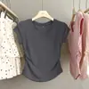Camiseta de Color Puro con Cuello en V y Hombro Normal Estilo Coreano para Chica Dulce, Verano 2026, Fruncido en la Cintura Lateral, Top de Manga Corta Ajustado