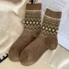 Meias Zhuji, Meias Femininas de Cano Médio Estilo Vintage Fair Isle, Meias Largas Grossas Quentes para Outono e Inverno, Meias Longas, Versáteis