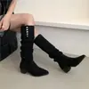 Botas de plataforma retro nicho caqui botas largas botas de mujer otoño e invierno tacón grueso botas de caña alta botas de jinete versátiles botas western