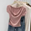 Diseño INS cuello de solapa hombros camiseta manga corta verano top corto cintura sexy puro camisa mujeres venta al por mayor