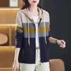 Cardigan de Tricô com Capuz Listrado Color Block Estilo Preguiçoso Outono 2025 para Mulheres, Suéter Top Solto Emagrecedor para Mulheres