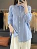 Cardigã de Moda Novo para Primavera e Outono para Mulheres, Gola Polo, Camisa Listrada Solta Estilo Coreano, Top de Tricô Básico Emagrecedor e Elegante