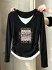 Camiseta de Algodón Puro de Manga Larga con Cuello en V, Estilo Falso Dos Piezas, para Mujer, Estilo Diseñador, Moderna, Versátil, Camiseta Base Negra, Principios de Otoño
