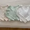 Luoyixiong Ropa Infantil Estilo Coreano Primavera y Otoño Nueva Niñas Color Sólido Raya Canalé Borde de Hongo Chaqueta Cárdigan Ajustada Moderna