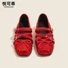 Sapatos Mary Jane de ballet femininos de bico quadrado em couro genuíno, modelo outono 2026, com sola macia, mocassins rasos de couro vermelho