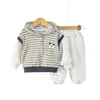 Conjunto de Sudadera con Capucha y Rayas para Niños, Otoño y Primavera, Bordado de Cachorro de Dibujos Animados, Sudadera de Manga Larga, Pantalones Deportivos, Conjunto Casual