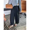 ¡El sueño de la figura tipo pera! Pantalones negros de doble pinza para mujer, nuevo modelo otoño 2026, pantalones casuales cropped de pierna ancha para figuras petite