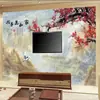 Novo sofá de sala de estar atmosférico moderno chinês, tecido para parede de fundo de TV, papel de parede de paisagem, mural em relevo de ameixa tridimensional 8D