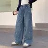 Pantalones Vaqueros de Otoño para Niñas 2026 Nuevo Estilo Coreano Corte Holgado Estampado de Corazones Pantalones Vaqueros Rectos para Niños Mayores